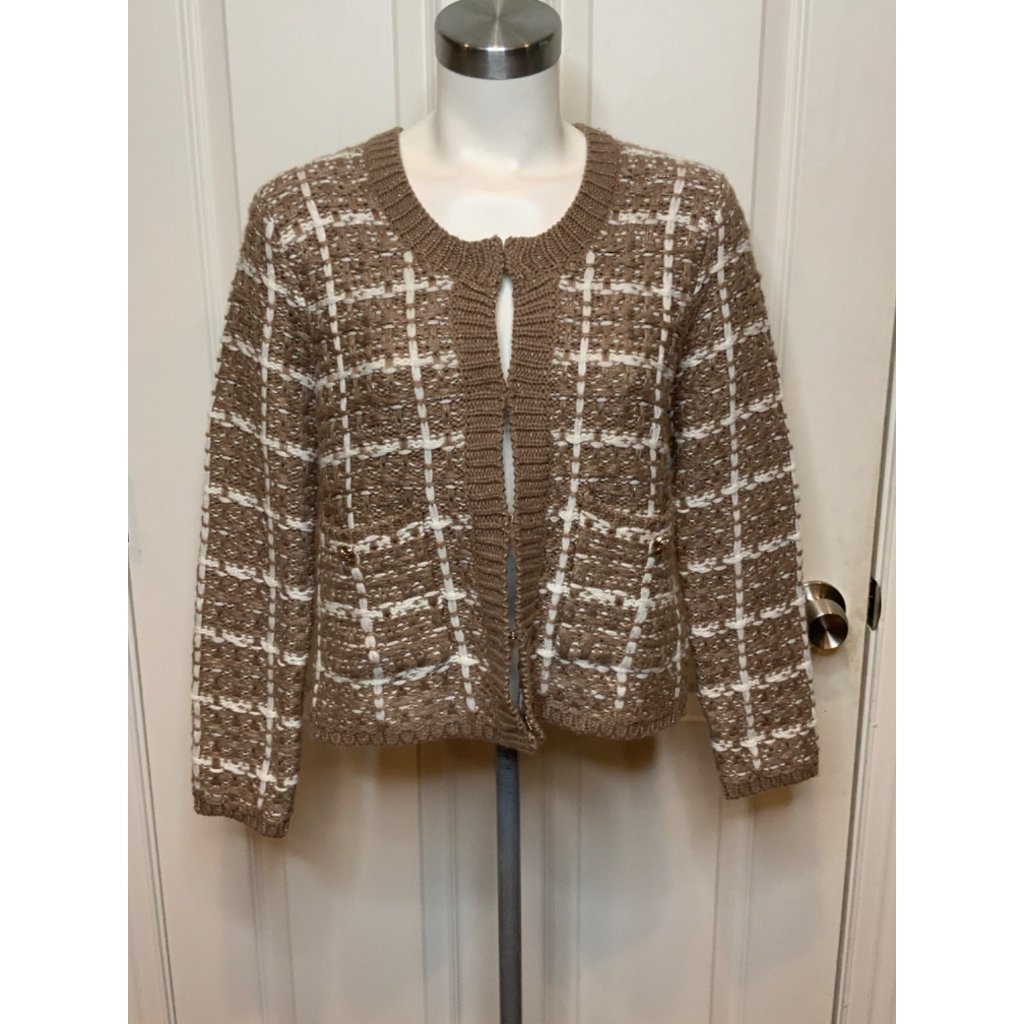 Rebecca Taylor Brown White Metallic Silver Knit Button Cardigan W/Pockets Size 6